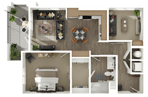 a 3d floor plan of a bedroom with a bathroom and a living room